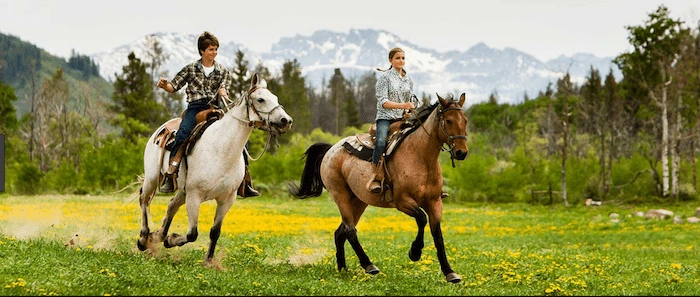 Confident plus-size woman riding Earley a horse through a field with a smile on her face.
